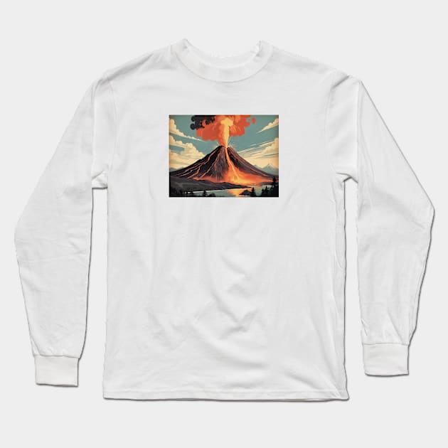 Retro Volcano Eruption Long Sleeve T-Shirt by Perspektiva